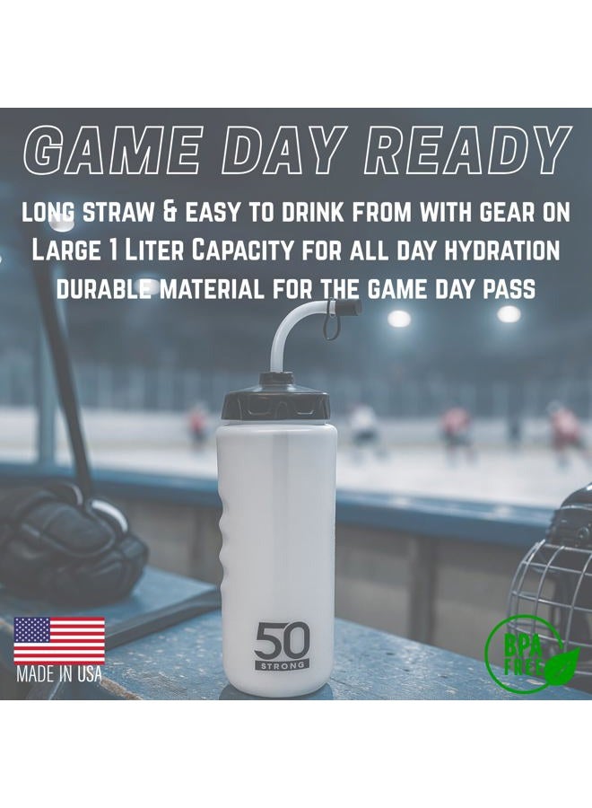 50 Strong 1 Liter Water Bottle with Straw | Hockey Water Bottle with Long Straw | Easy Squeeze Bottles + Built In Finger Grip | BPA-Free Sports Water Bottle for Football, Lacrosse & Boxing | Made in USA - Image 2